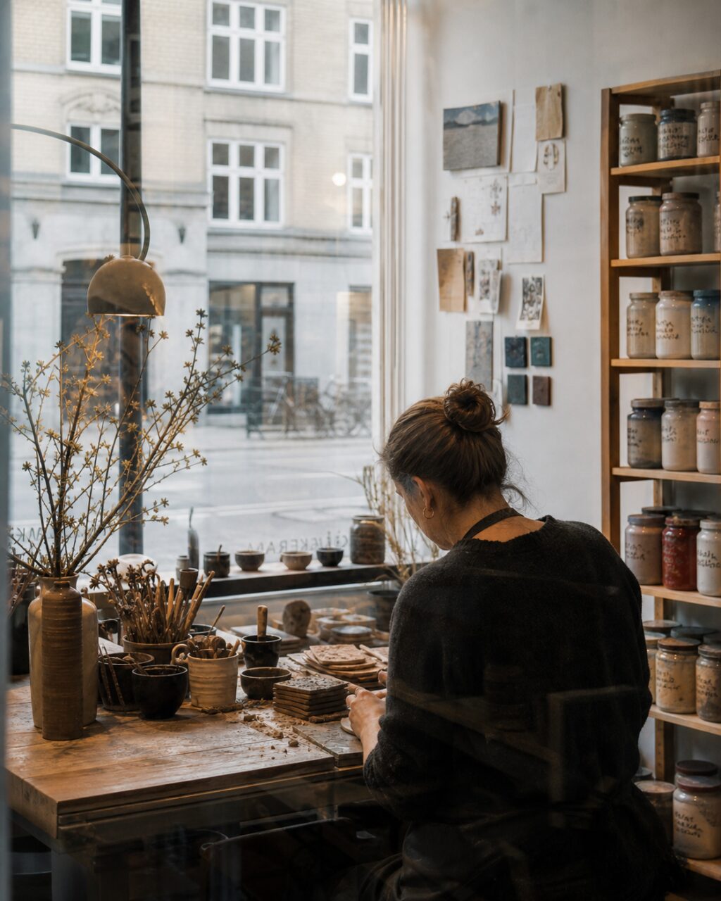 Ceramicist seen from behind at a worktable beside a Copenhagen studio window