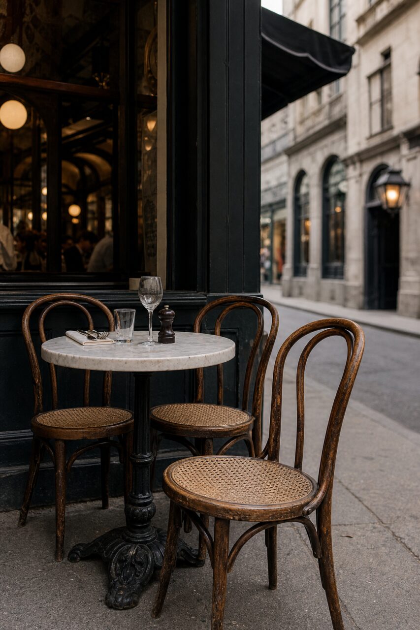 Cadeiras curvadas e mesa com planta junto à porta da brasserie