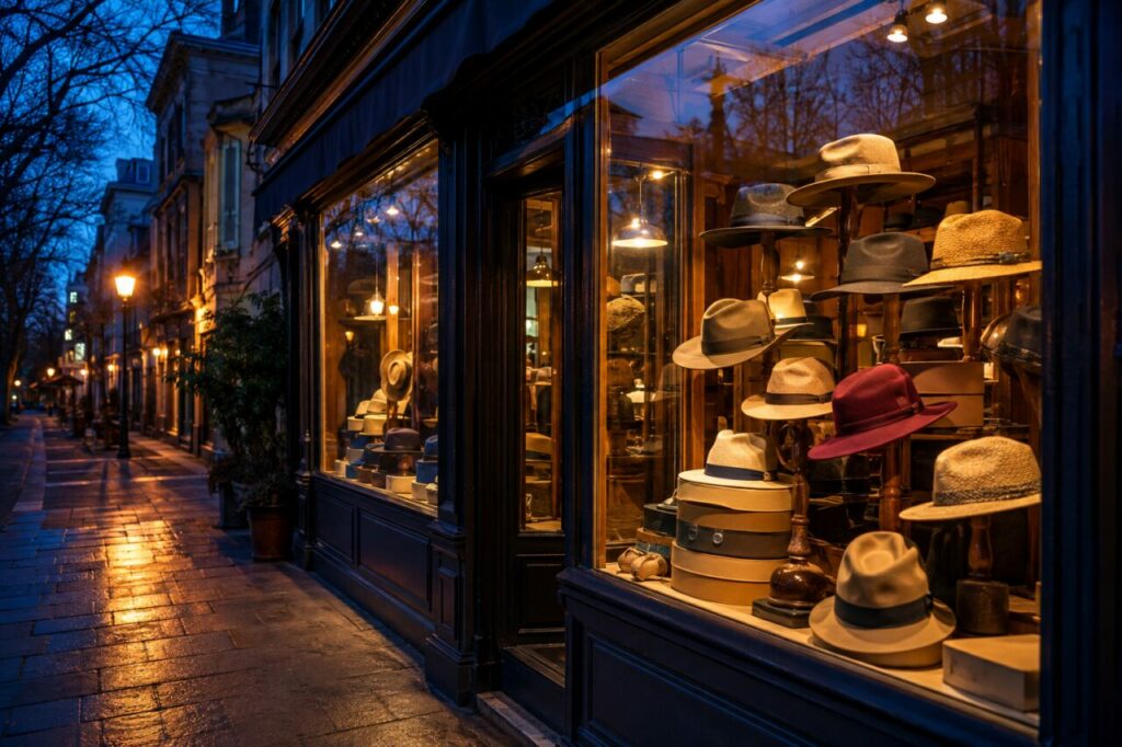 Chapeaux éclairés dans la vitrine au crépuscule