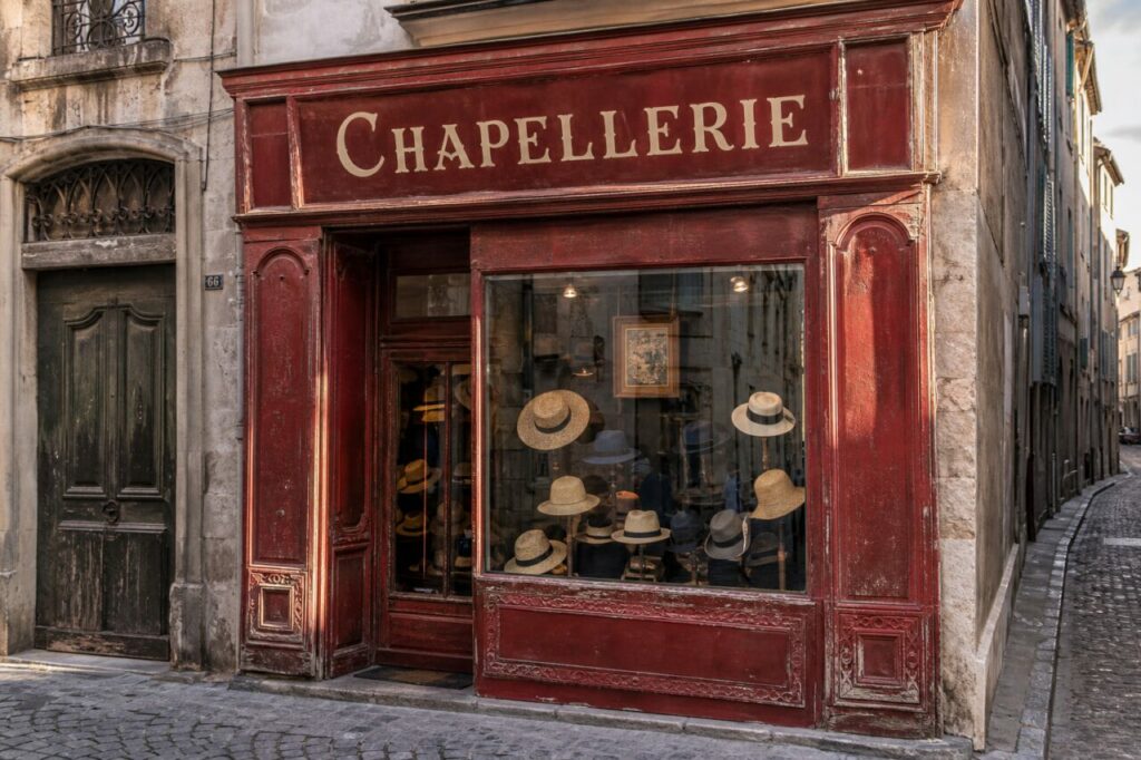 Chapellerie ancienne à Avignon, devanture rouge et collection de chapeaux au 66