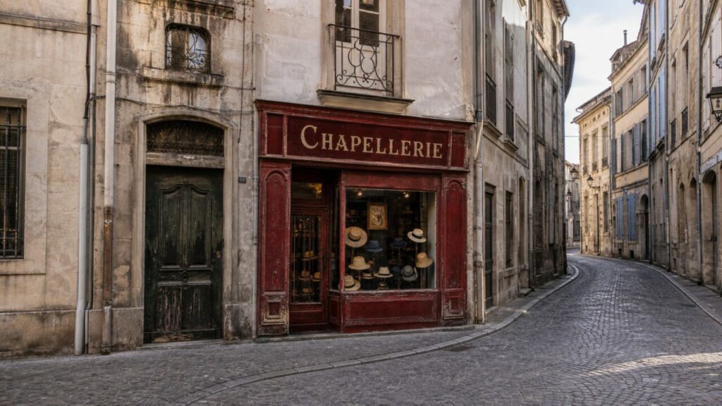 Chapellerie d’Avignon dans une rue pavée, façade rouge et vitrines de chapeaux