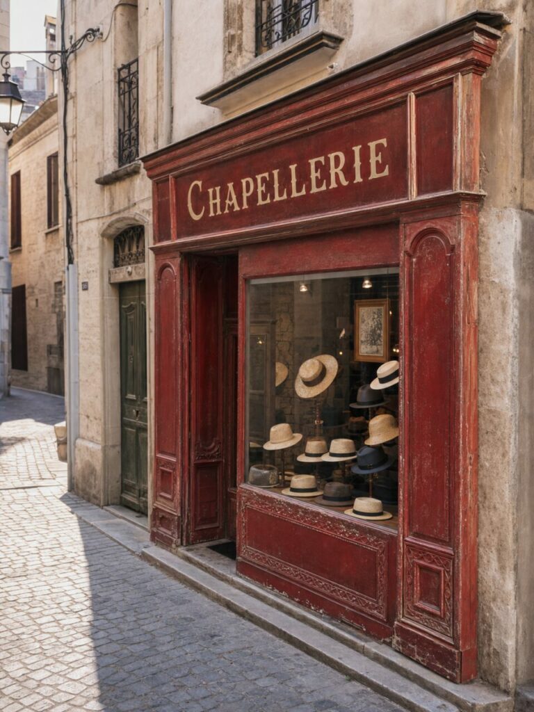 Chapellerie rouge à Avignon, enseigne CHAPELLERIE et chapeaux exposés dans une ruelle ancienne