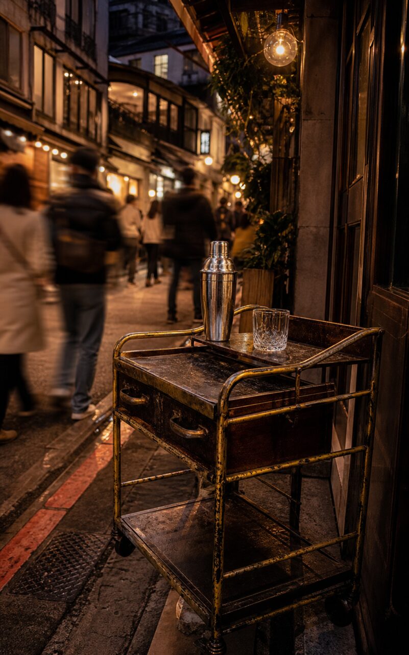 Carrito de bar en vertical bajo una bombilla redonda
