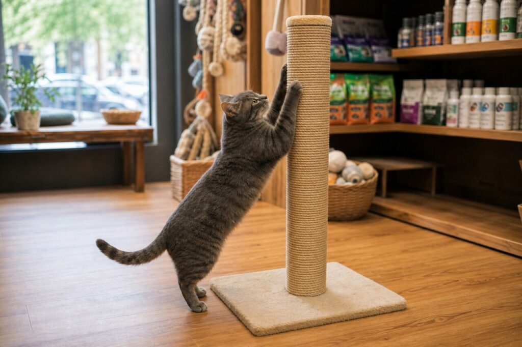 Graue Katze testet einen Kratzpfosten im Tiergeschäft