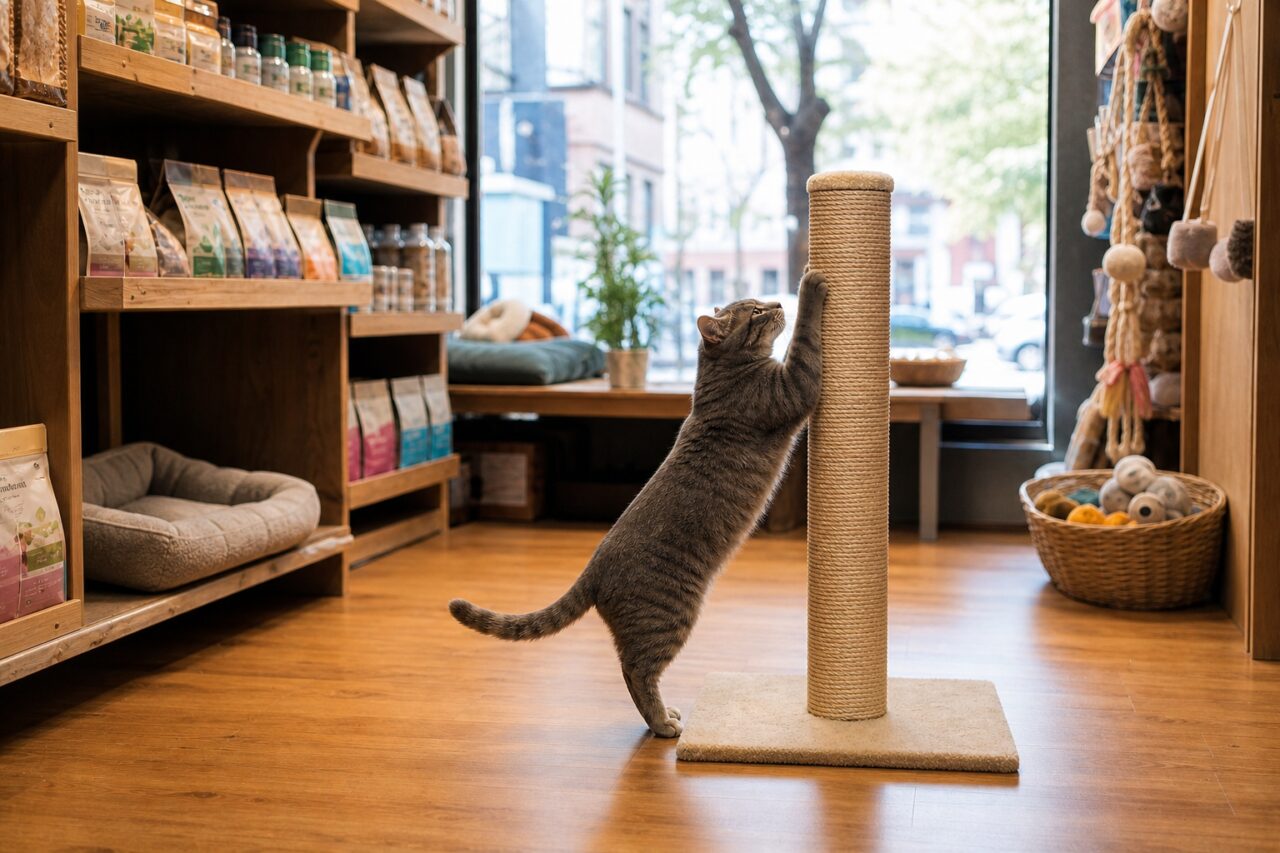 Grijze kat voor een krabpaal