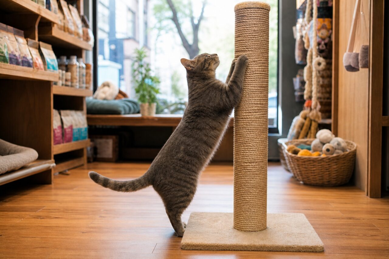 Gatto grigio si fa le unghie su un tiragraffi