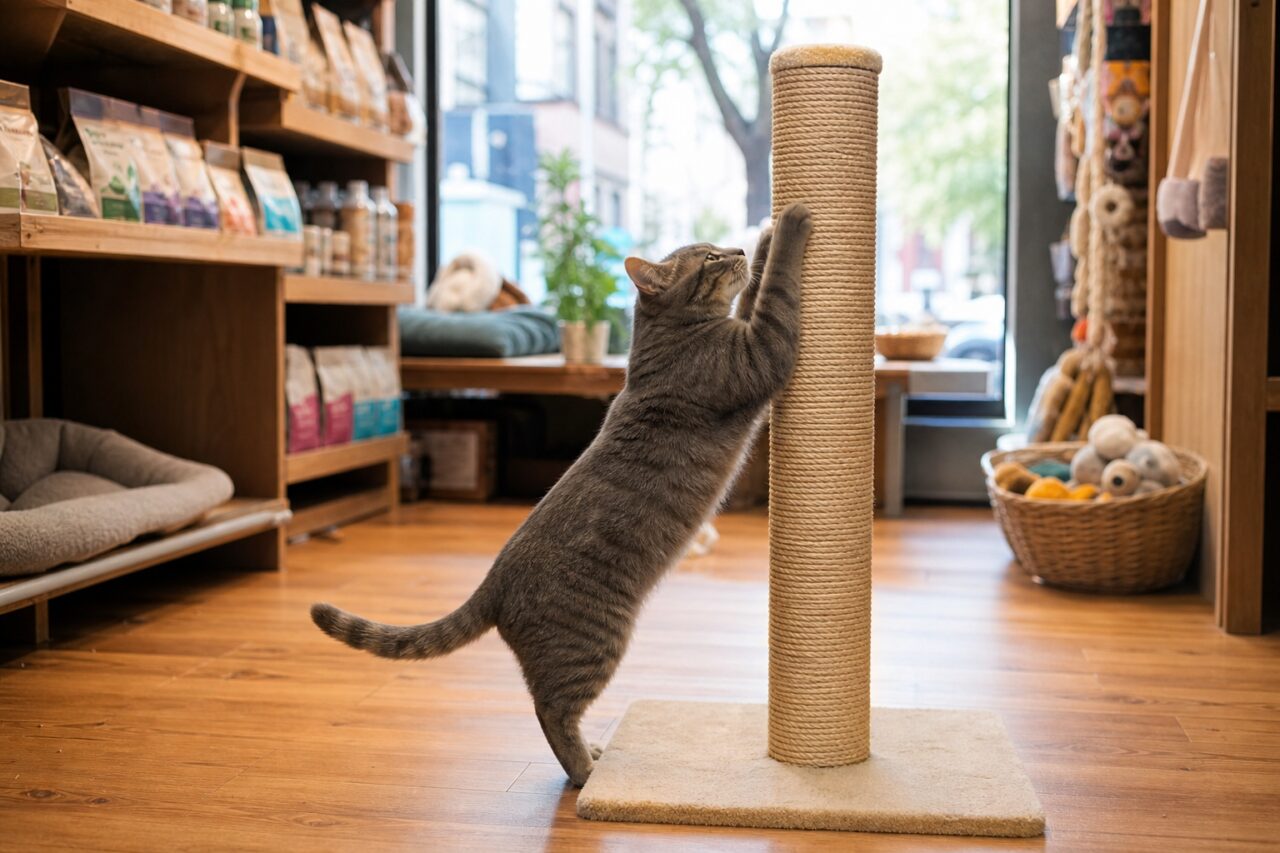 Graue Katze benutzt einen Kratzpfosten im Tiergeschäft