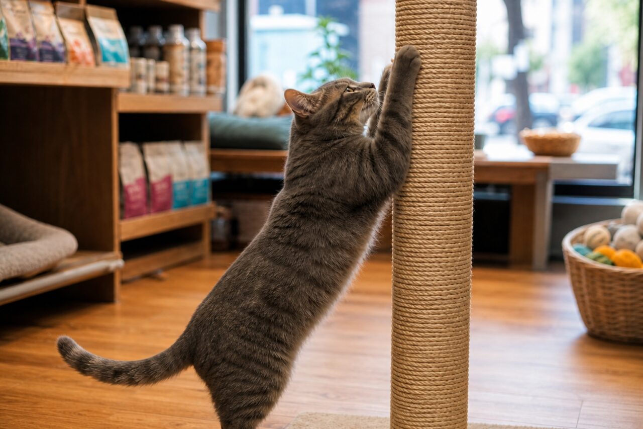 Gato cinzento a subir num arranhador de sisal