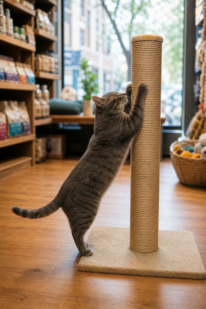 Graue Katze neben einer Kratzsäule im Tierladen