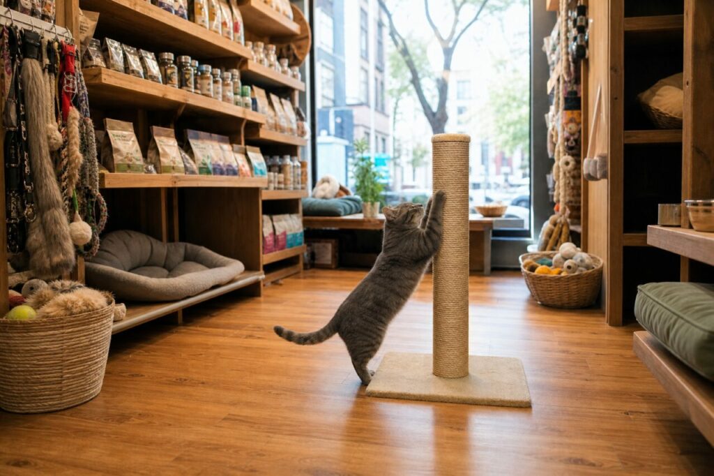 Graue Katze benutzt einen senkrechten Kratzpfosten