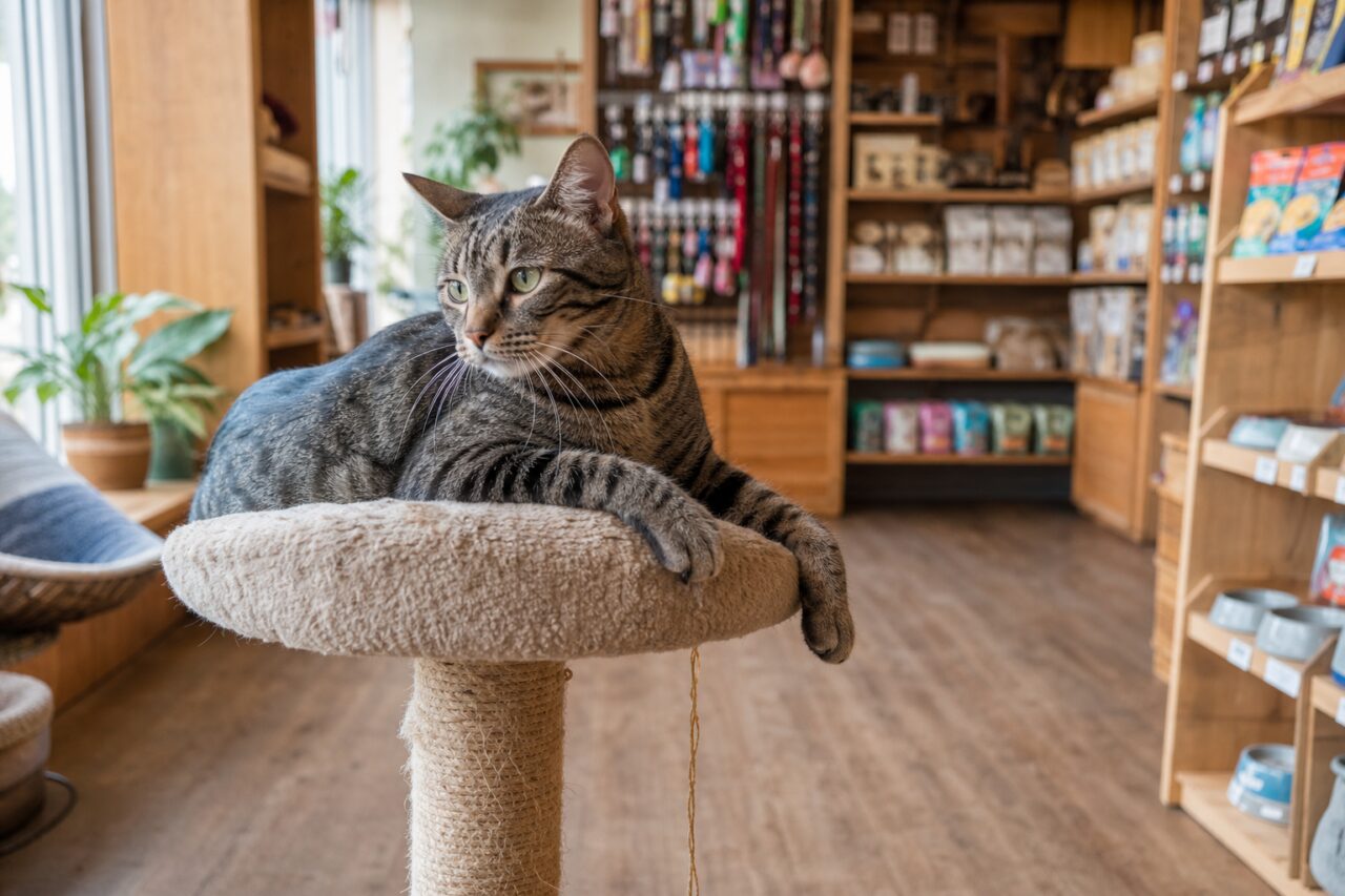 Gestreepte kat op een krabpaal in een dierenwinkel