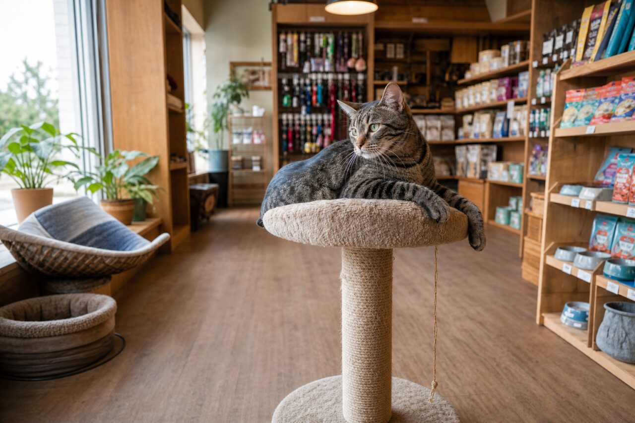 Chat tigré sur un arbre à chat au milieu d’une boutique pour animaux