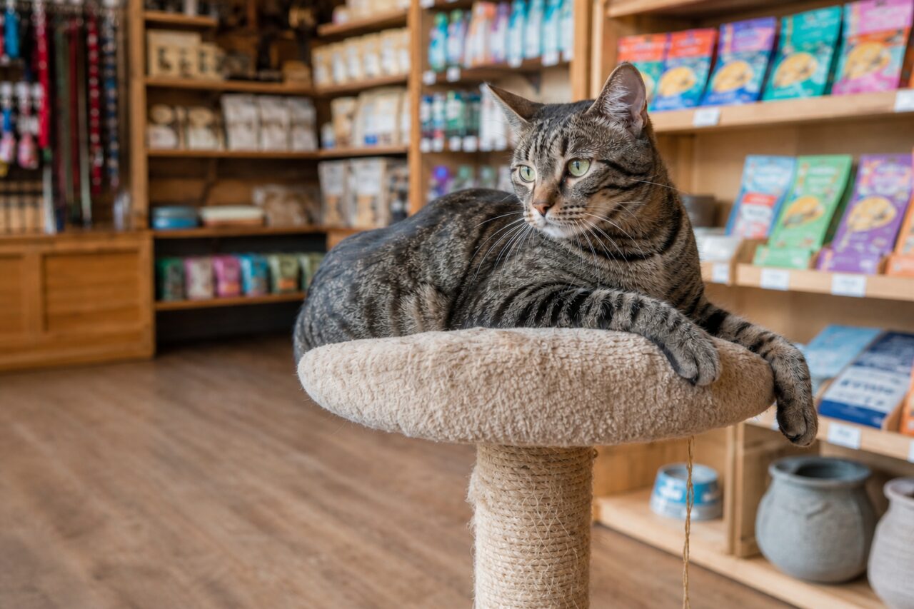 Getigerte Katze auf einem Kratzbaum vor farbigen Tierprodukten