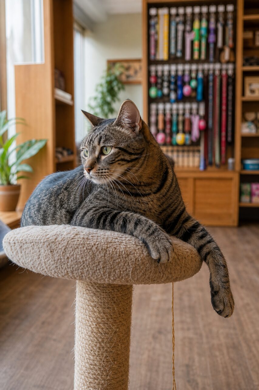 Gato tigrado sentado num arranhador entre acessórios para animais