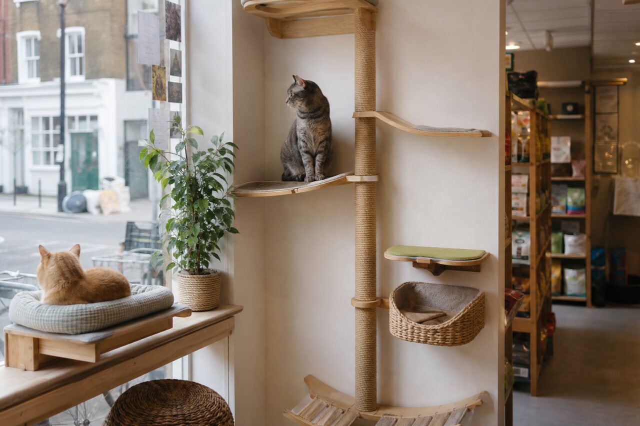 Tabby cat on a wall-playground platform