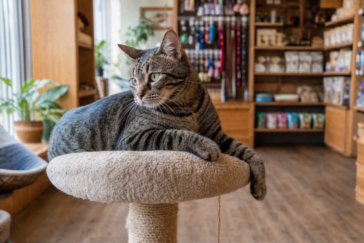Gestreepte kat op een krabpaal in een houten dierenwinkel