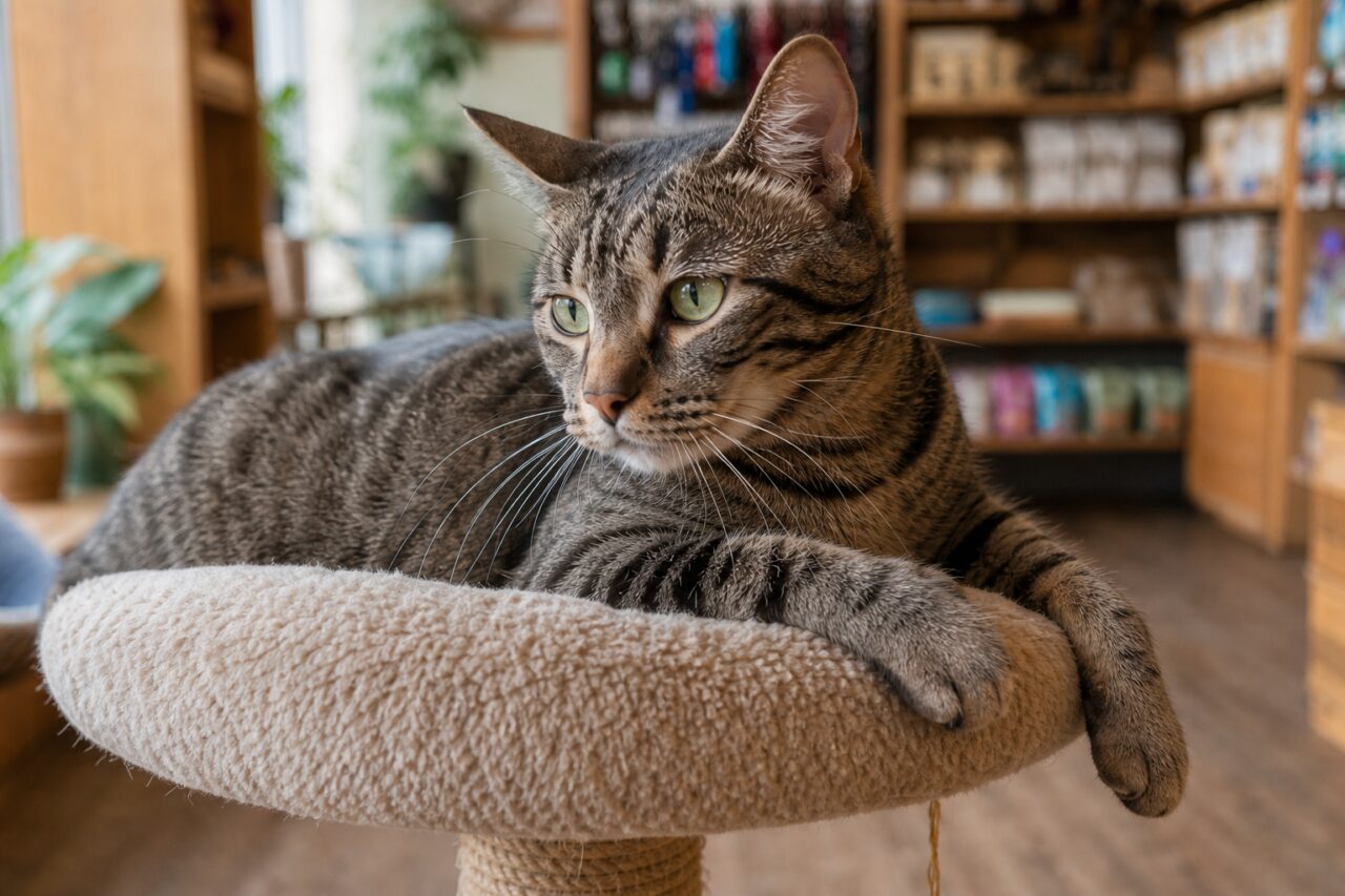 Green-eyed tabby cat resting on a cat-tree platform
