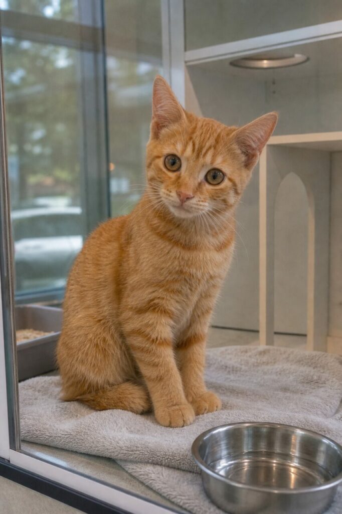 Chaton roux assis près d’une gamelle