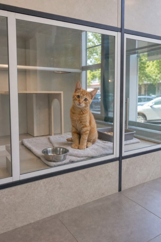 Chaton roux dans son box d’accueil