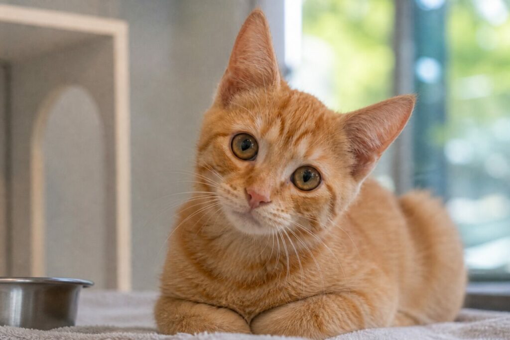 Chaton roux derrière une vitre