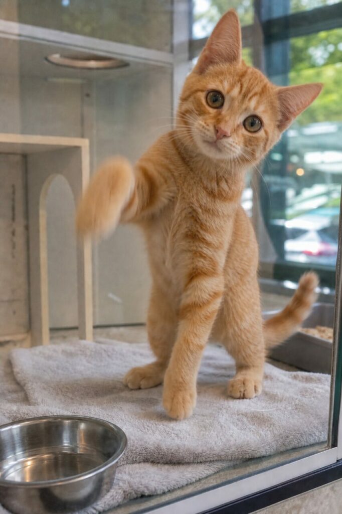 Chaton roux joue contre la vitre