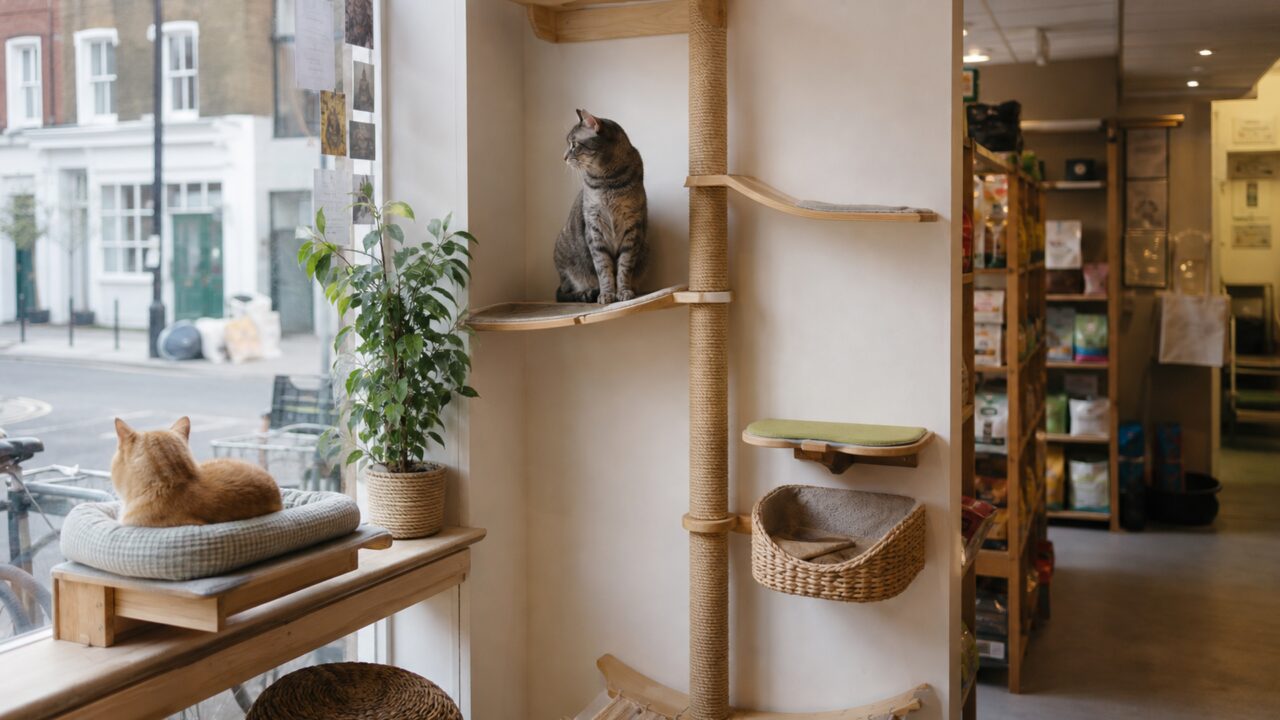 Cats resting on a wall playground beside a storefront window