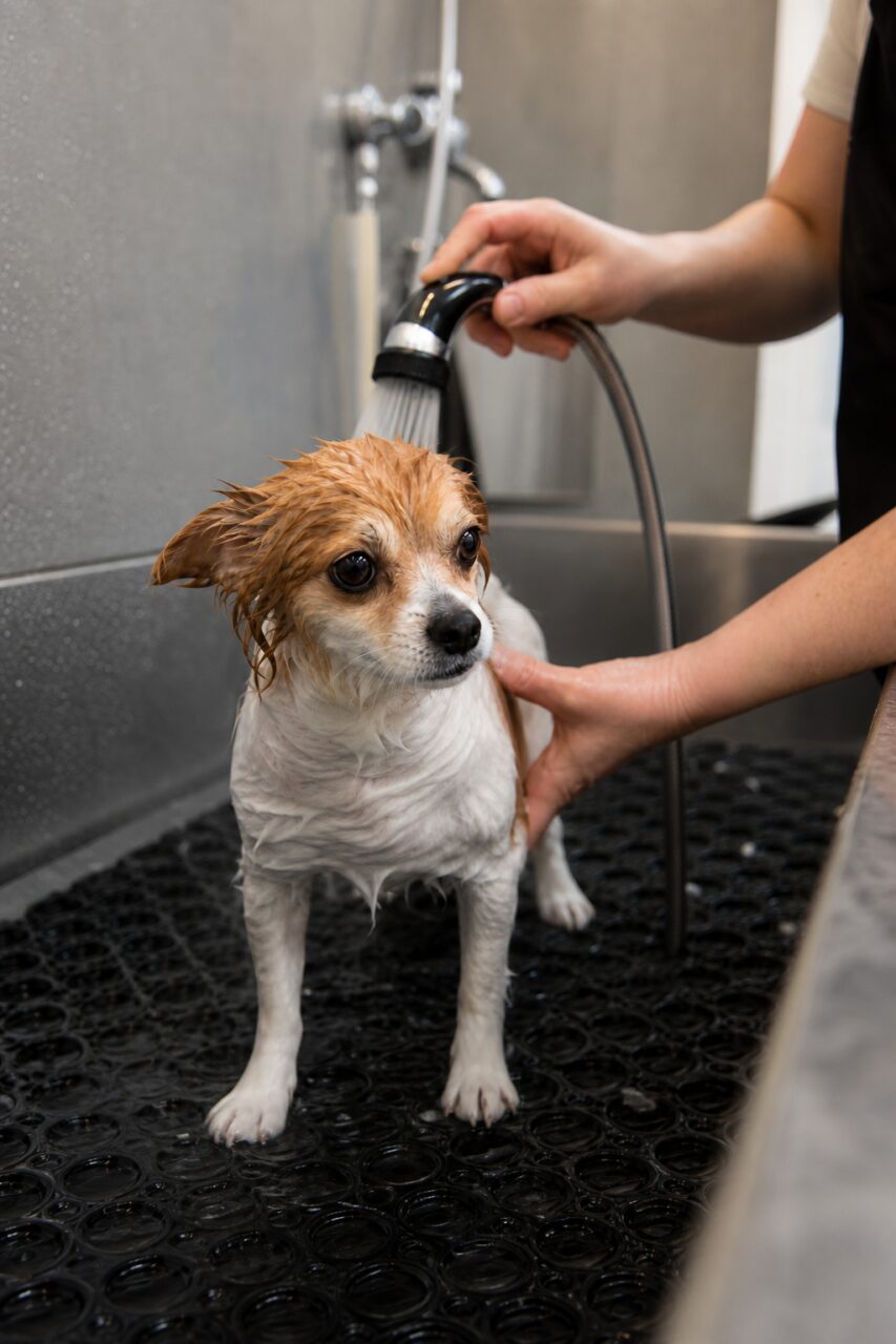 Hund beim Waschen in einer Pflegeschale