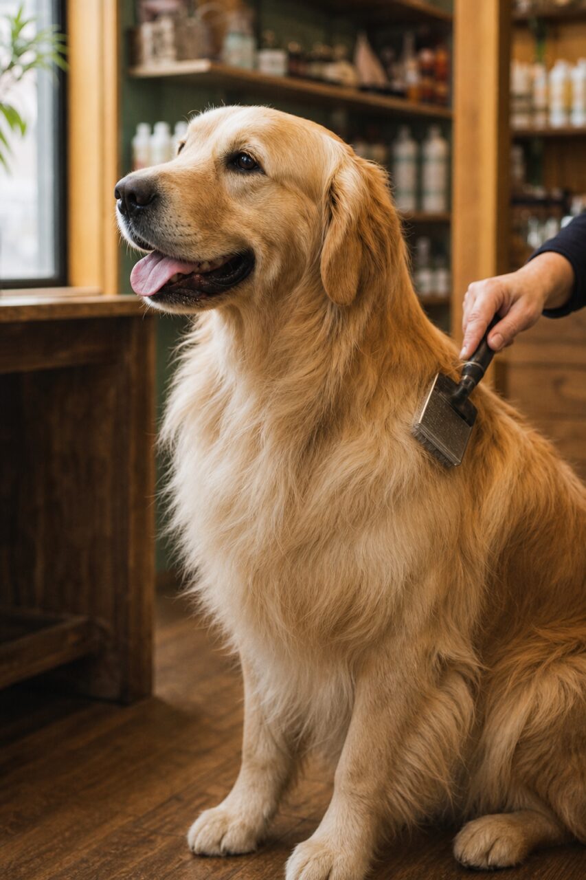Perro dorado sentado con cepillo de peluquería en un interior cálido