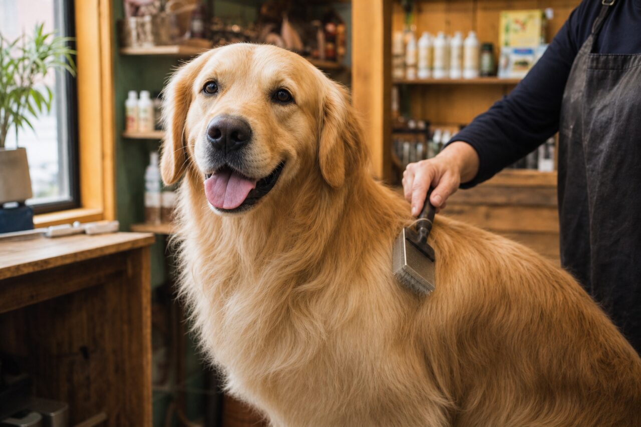 Chien au pelage doré face à l’objectif pendant un brossage