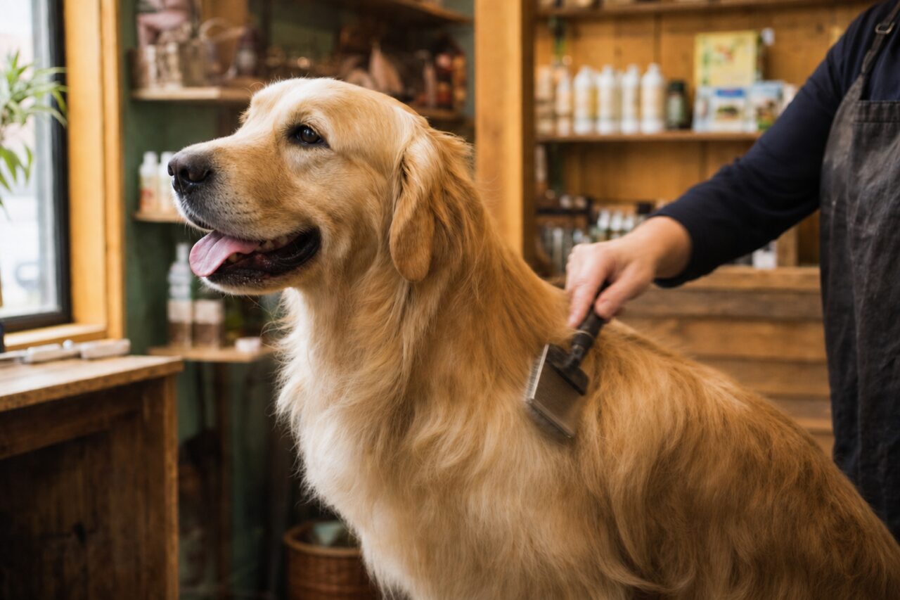 Goudkleurige hond met borstel op de rug in een dierenwinkel