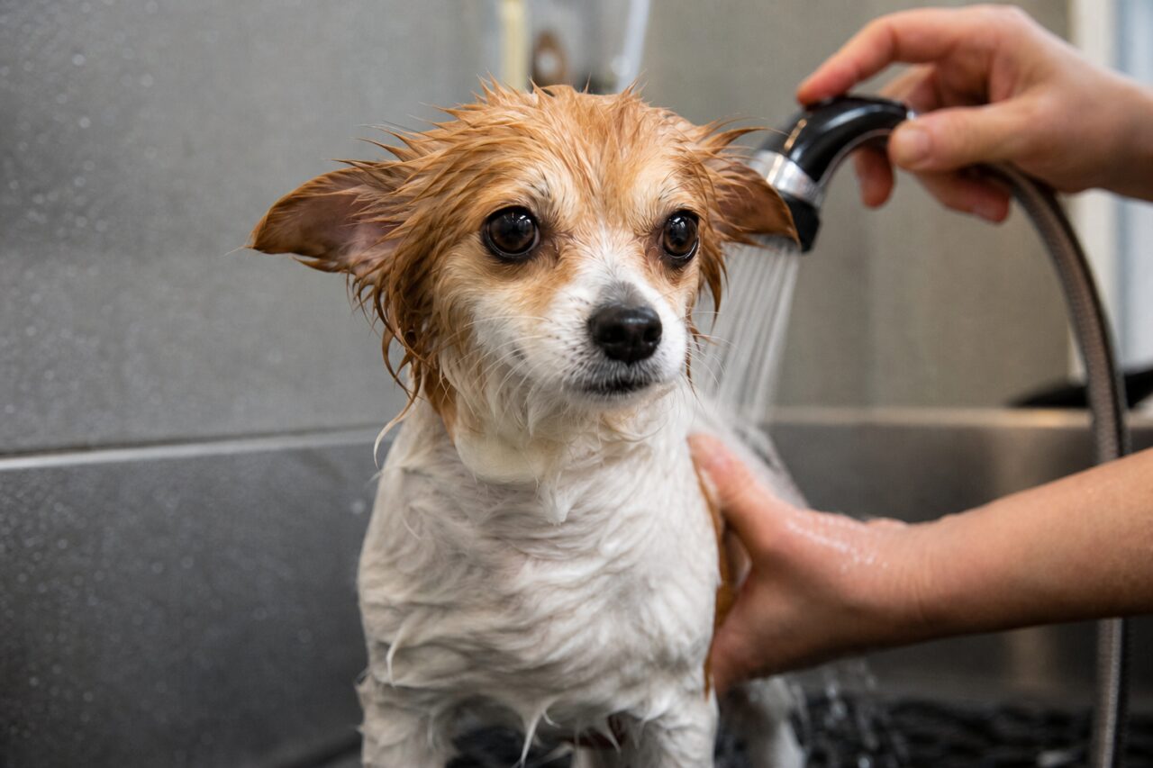 Natte hond onder een trimdouche