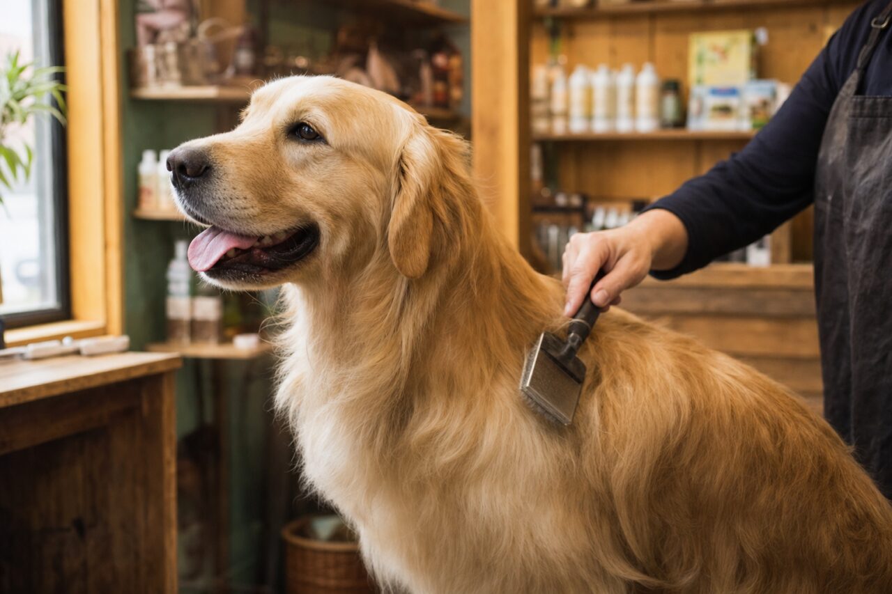 Perro de pelaje dorado cepillado en una tienda de mascotas