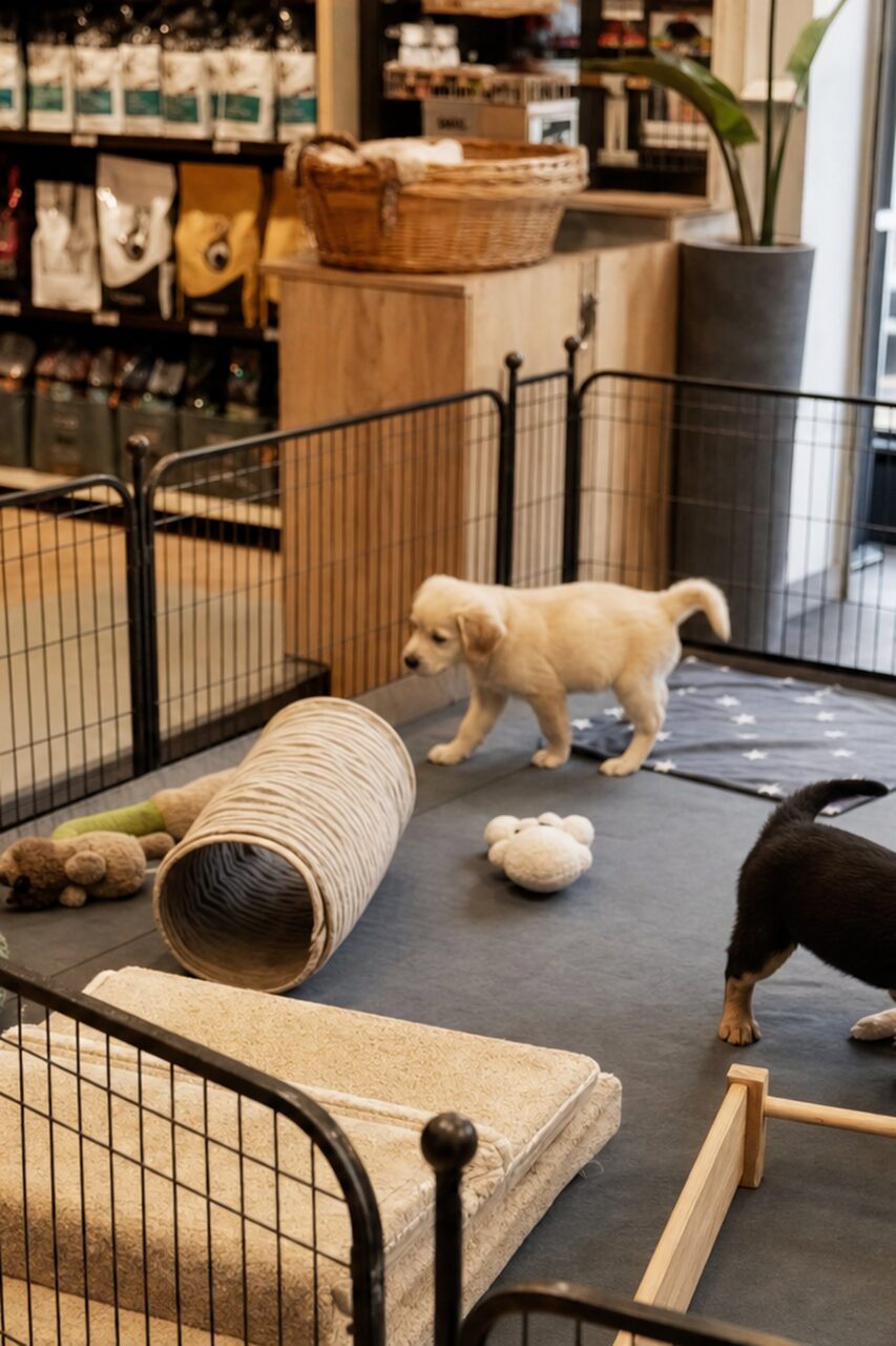 Lichtgekleurde puppy in een speelren met tunnel en mat