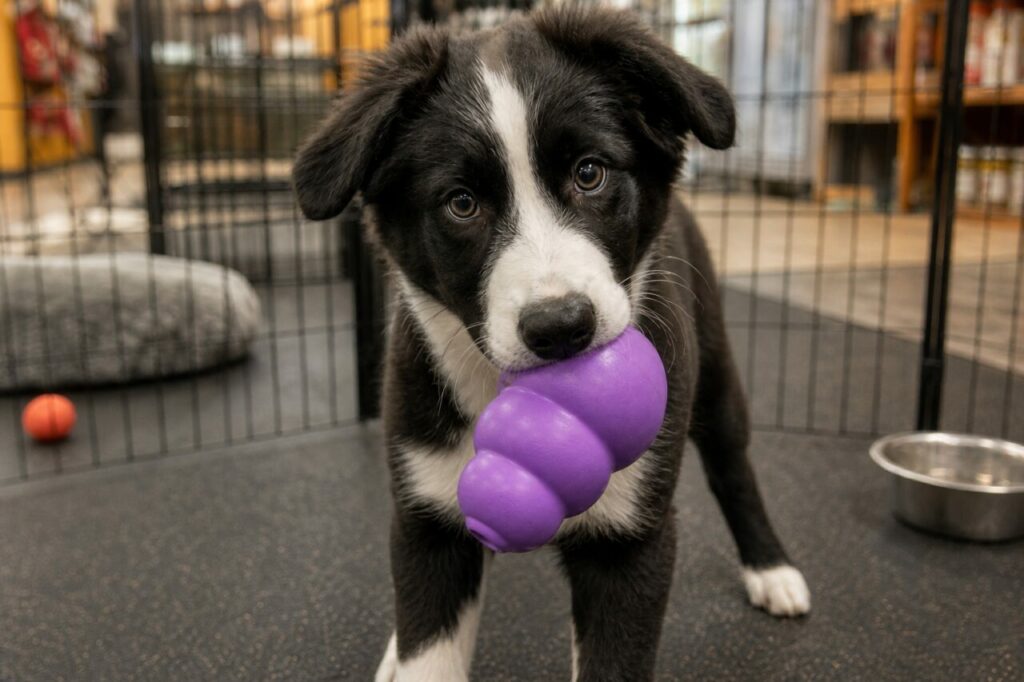 Chiot noir et blanc avec un jouet violet