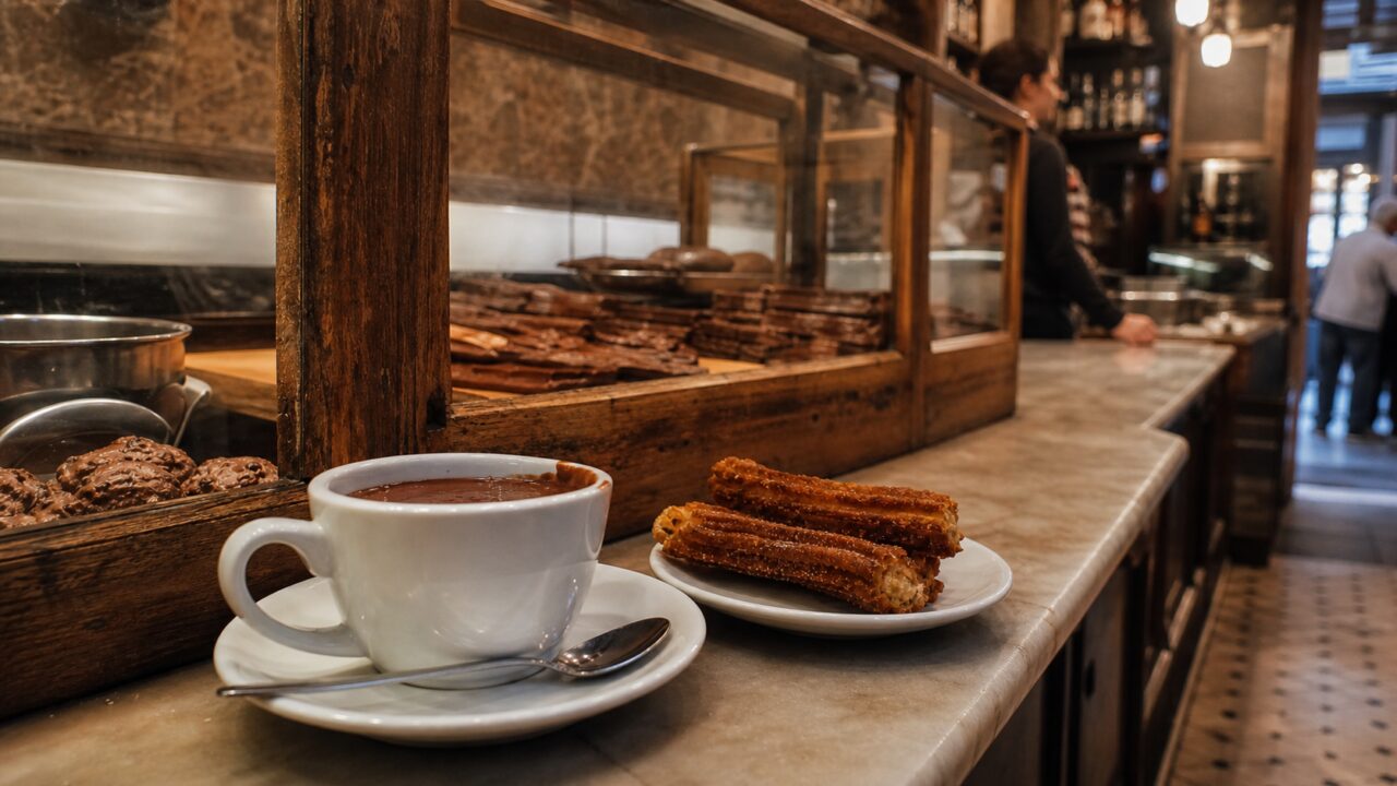 Heiße Schokolade und Churros in einer belebten Chocolaterie