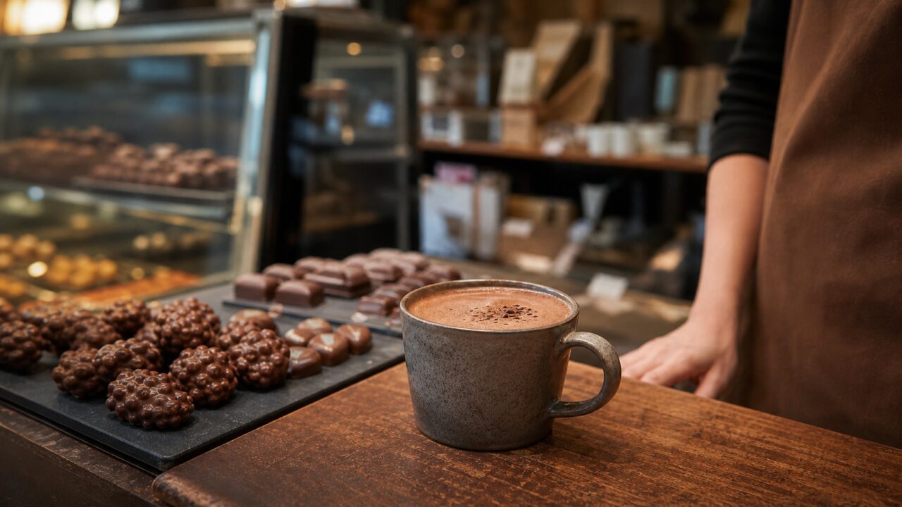 Hot chocolate and confections on the counter