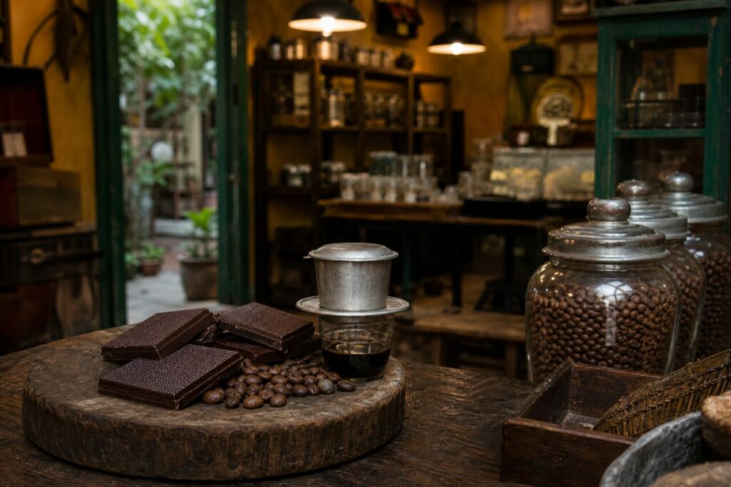 Chocolat noir et café dans l’atelier