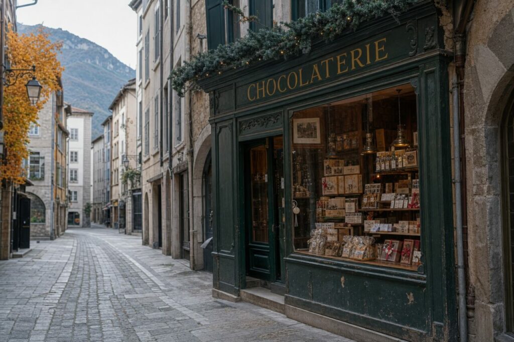 Historic chocolate shop in Grenoble with a dark green storefront and mountain backdrop