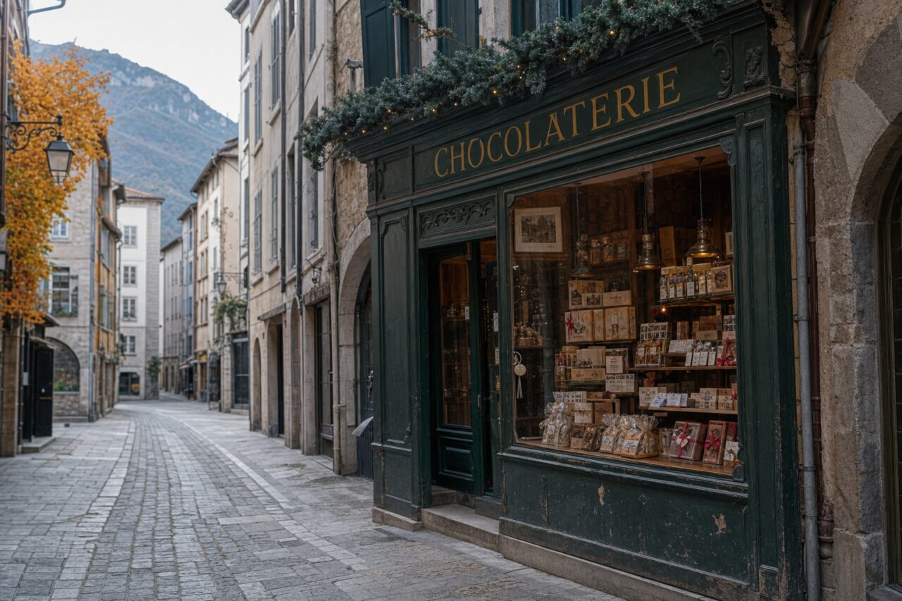 Chocolataria antiga em Grenoble, fachada verde-escura junto às montanhas