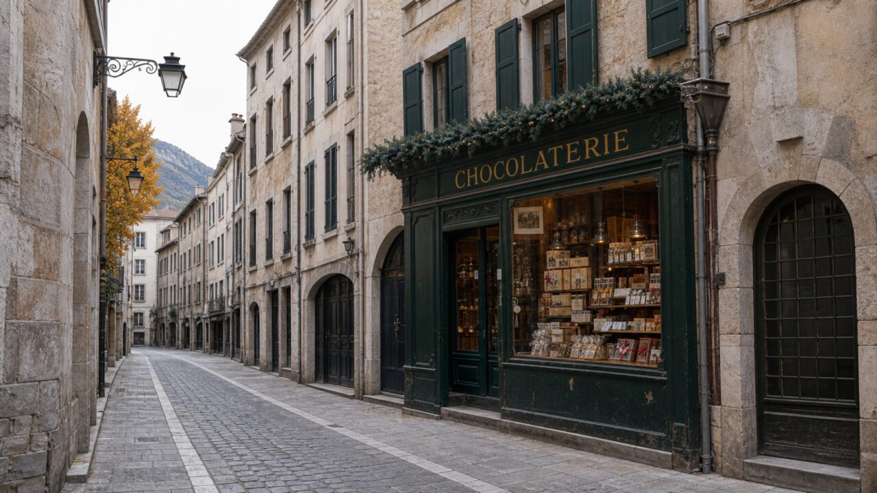 Grenoble chocolate shop on a paved street with a green facade and Alpine view