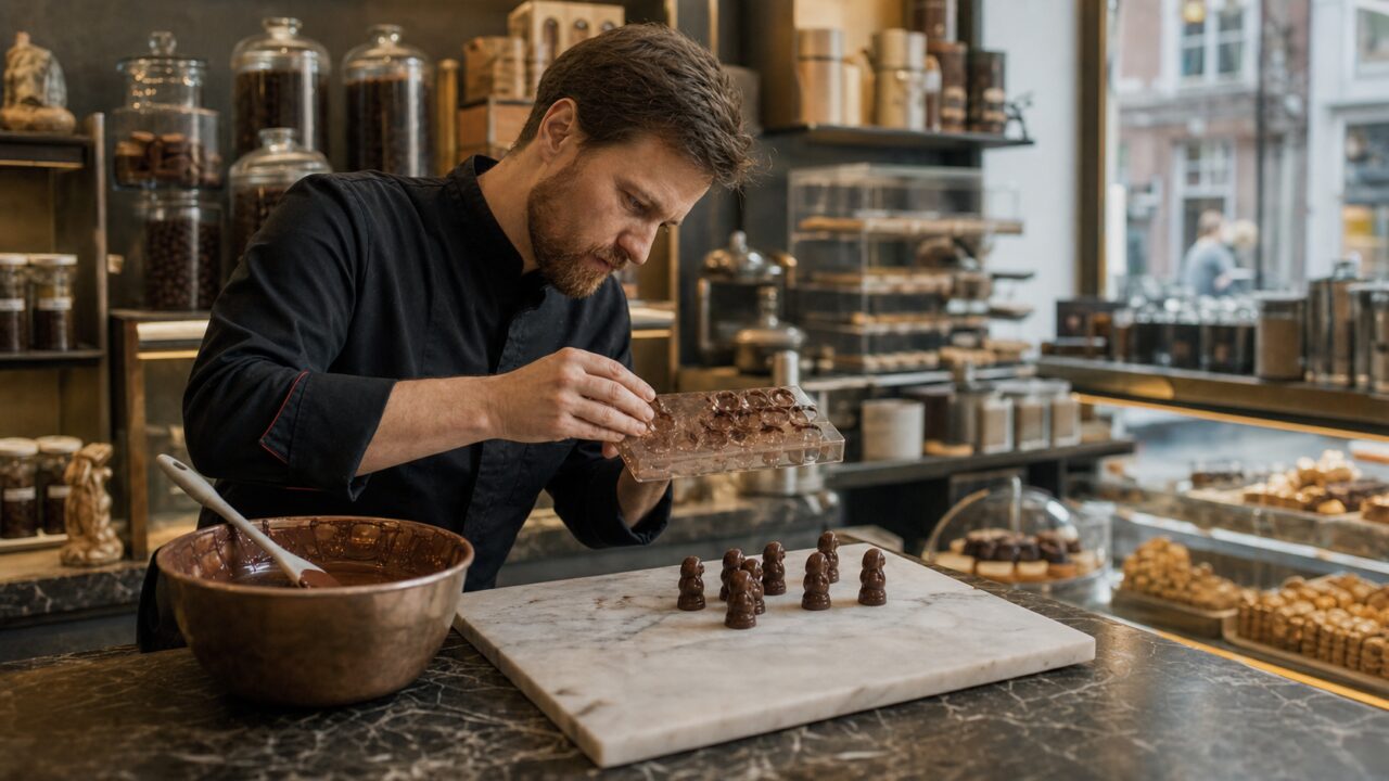 Chocolatier am Tresen mit einer Form für Schokoladenfiguren