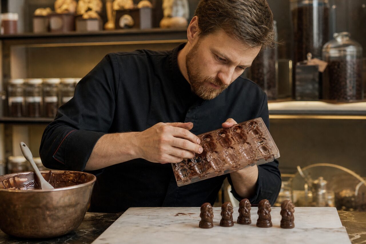 Chocolatier demolding chocolate figures in his workshop