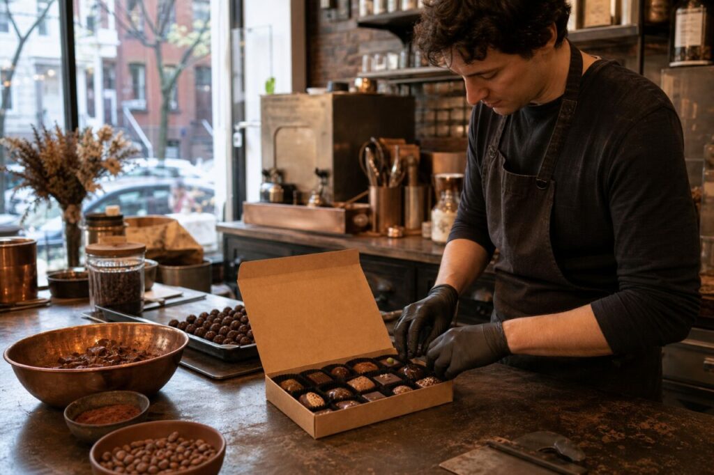 Cioccolatiere che sistema le praline in una scatola