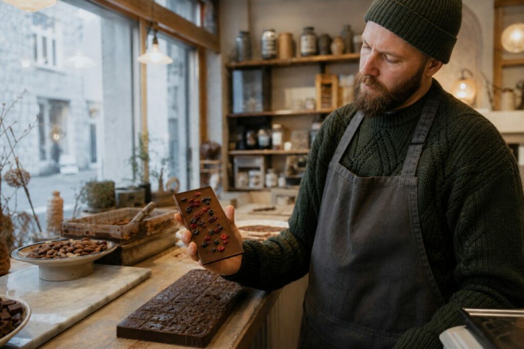Chocolatier tenant une tablette aux baies