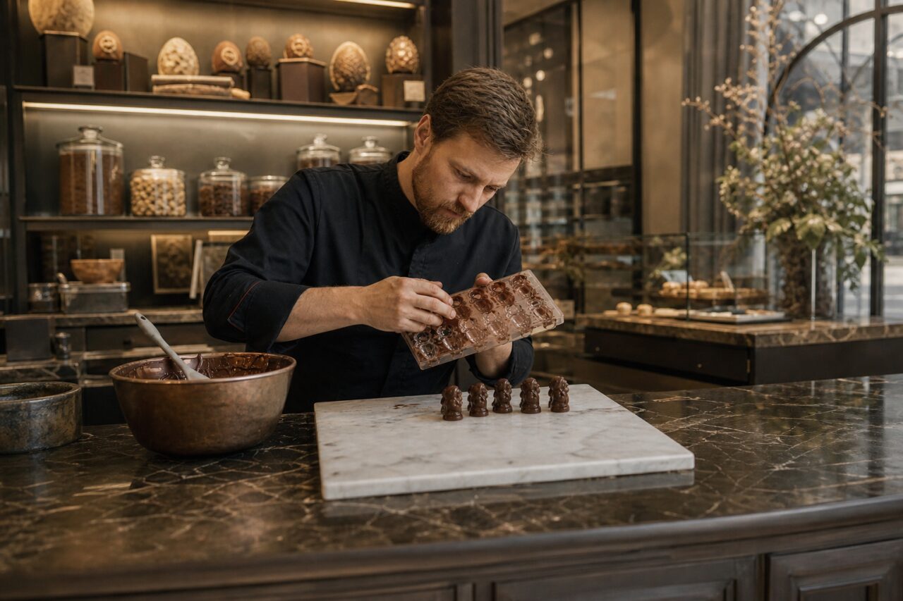 Chocolatier bei der Arbeit in einem hellen Geschäft