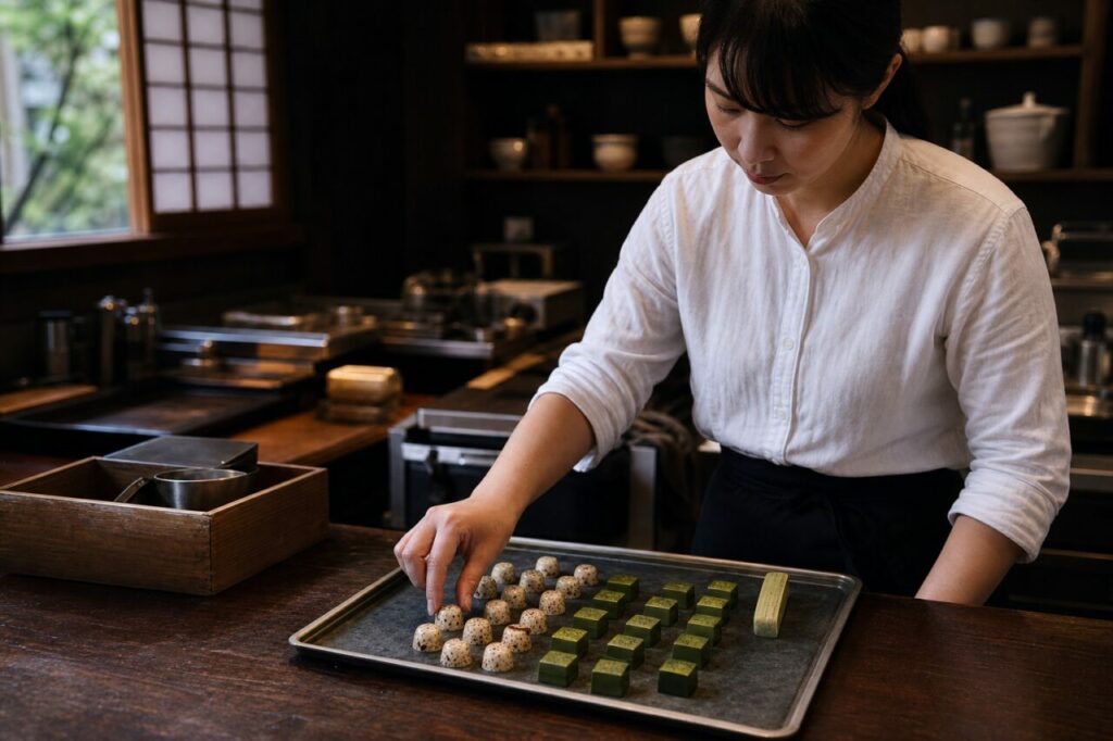 Chocolate maker working with matcha bonbons