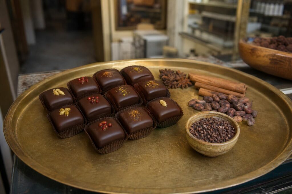 Chocoladebonbons met specerijen op een messing dienblad