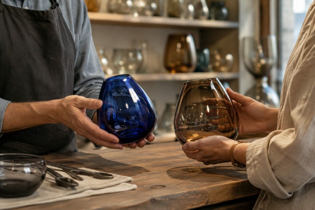 Choix de vases et de bols colorés dans la boutique de verrerie