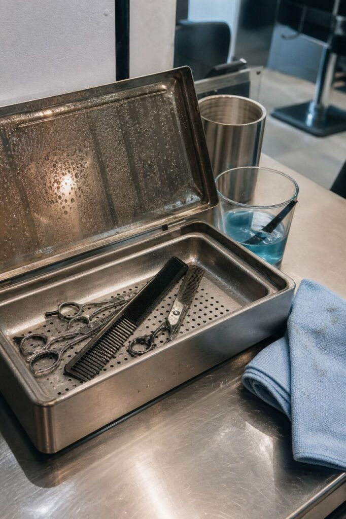 Scissors and comb in a damp metal tray