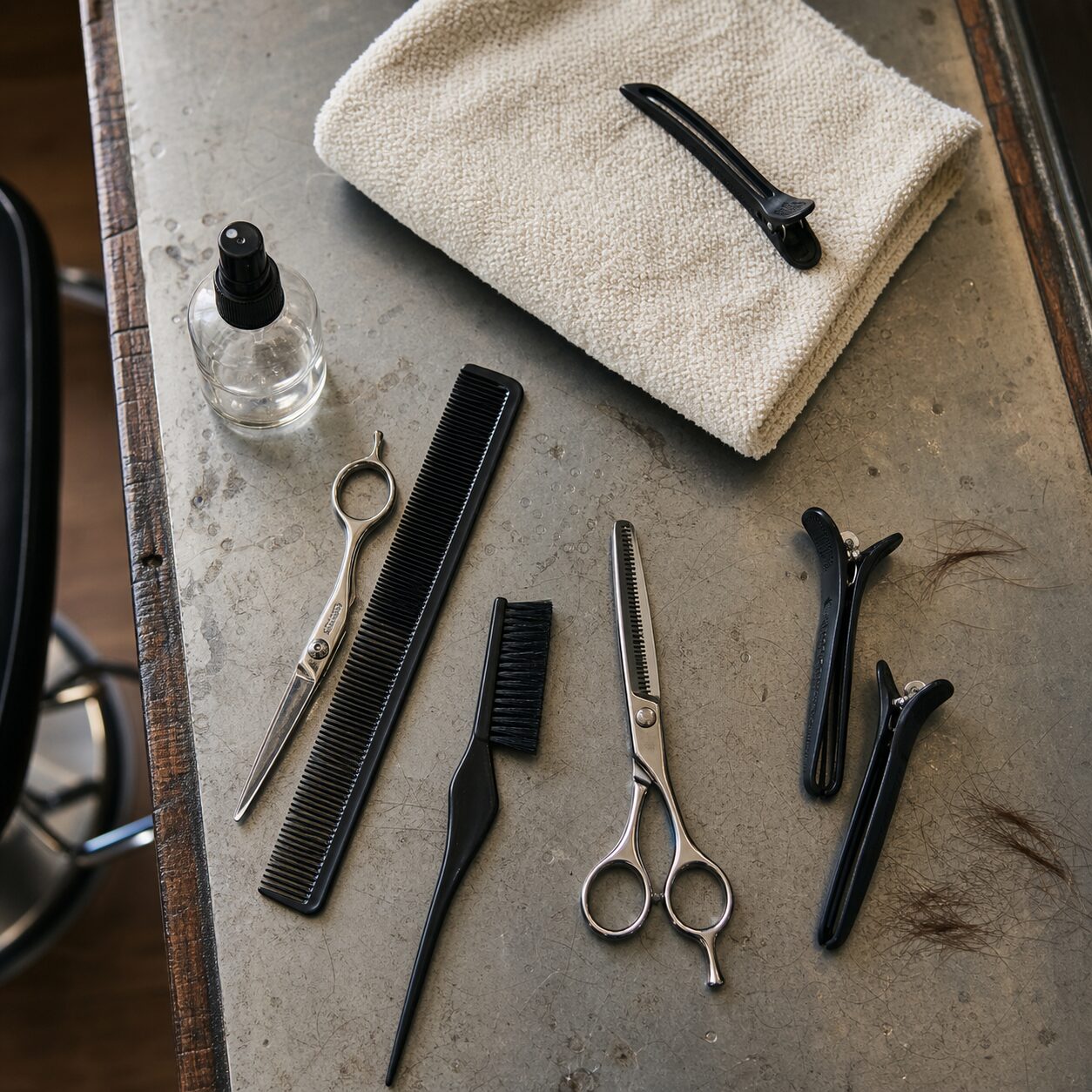 Scissors, comb and clips on a hairdressing tray